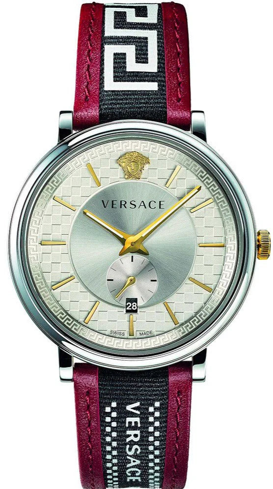 Versace V Circle Herrenuhr mit silbernem Zifferblatt und zweifarbigem Lederarmband – VEBQ01319,
