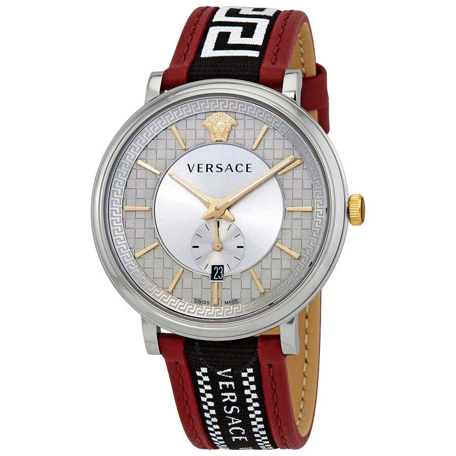 Versace V Circle Herrenuhr mit silbernem Zifferblatt und zweifarbigem Lederarmband – VEBQ01319,