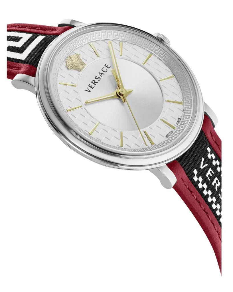 Versace V Circle Herrenuhr mit silbernem Zifferblatt und zweifarbigem Lederarmband – VEBQ01319,
