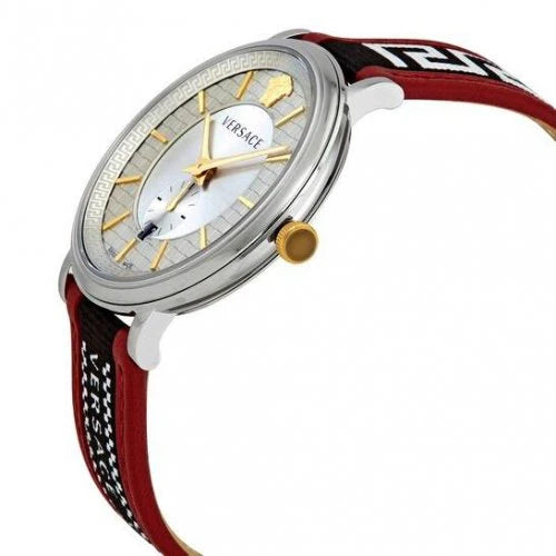 Versace V Circle Herrenuhr mit silbernem Zifferblatt und zweifarbigem Lederarmband – VEBQ01319,