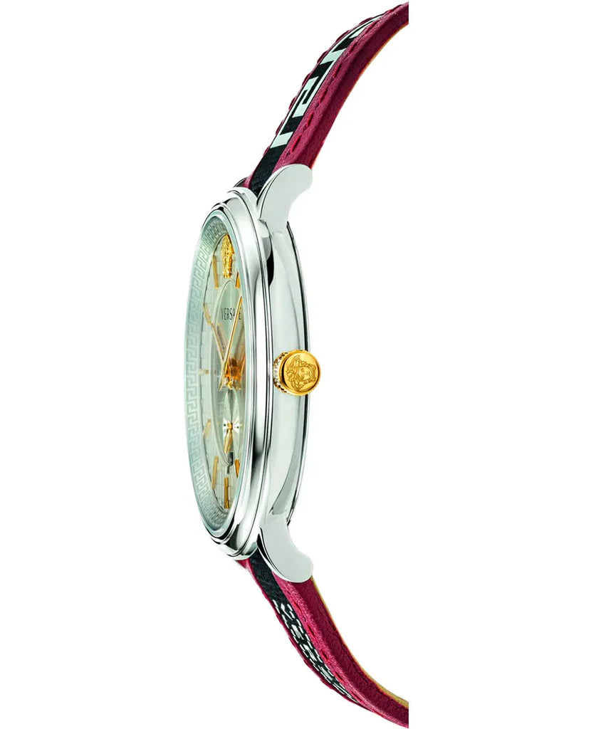 Versace V Circle Herrenuhr mit silbernem Zifferblatt und zweifarbigem Lederarmband – VEBQ01319,