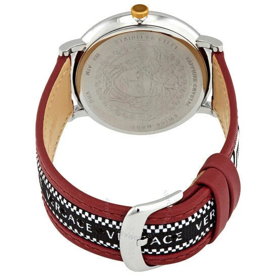 Versace V Circle Herrenuhr mit silbernem Zifferblatt und zweifarbigem Lederarmband – VEBQ01319,