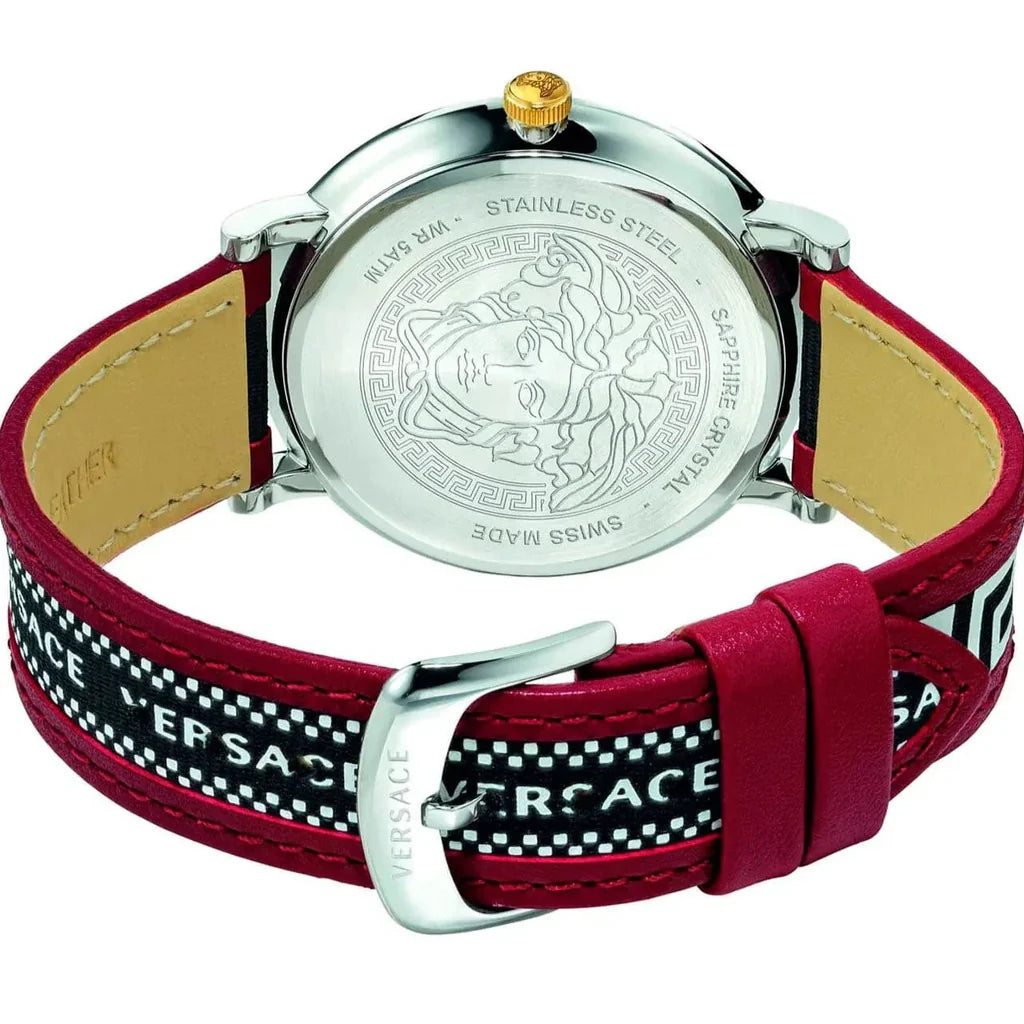 Versace V Circle Herrenuhr mit silbernem Zifferblatt und zweifarbigem Lederarmband – VEBQ01319,