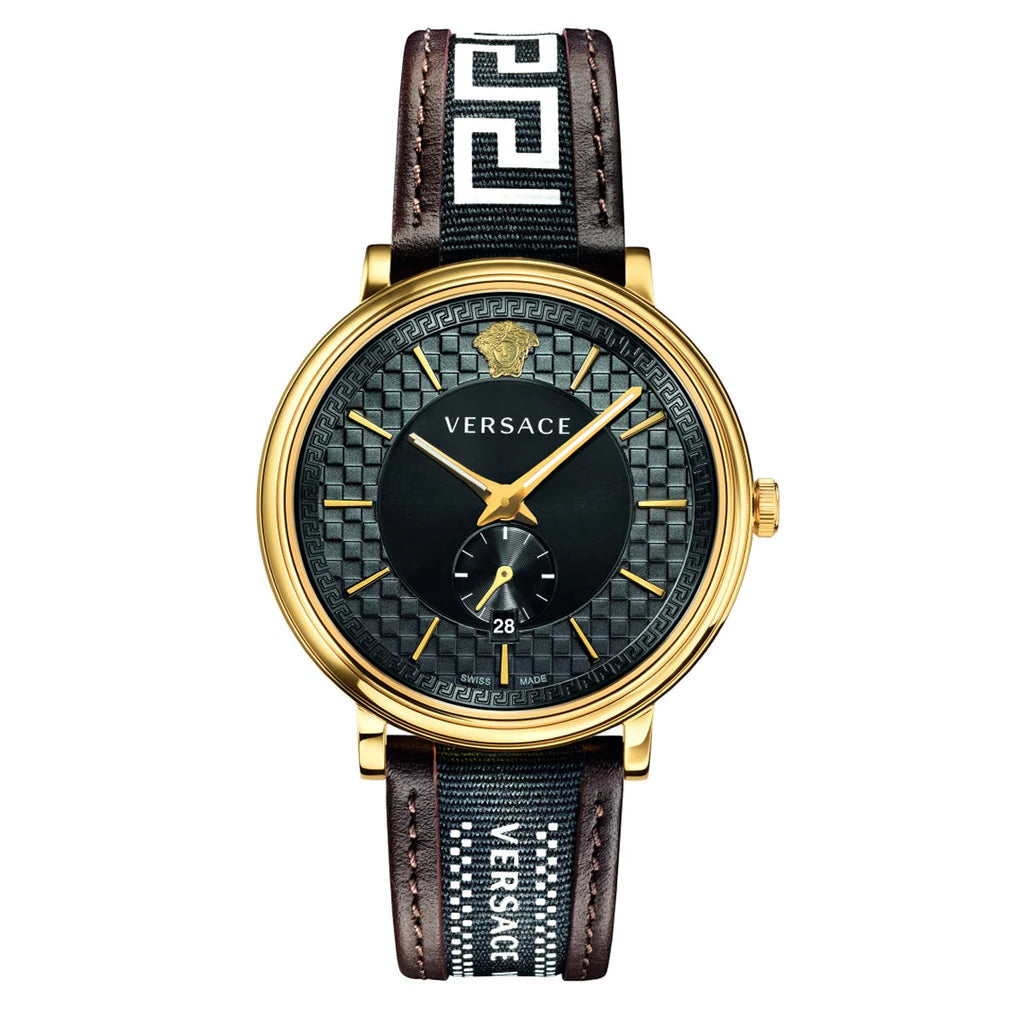 Versace V-Circle Quarzuhr mit schwarzem Zifferblatt und braunem Lederarmband für Herren – VEBQ01619