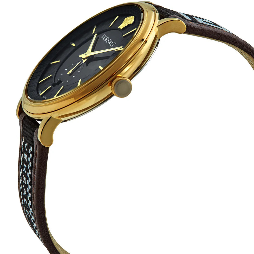 Versace V-Circle Quarzuhr mit schwarzem Zifferblatt und braunem Lederarmband für Herren – VEBQ01619
