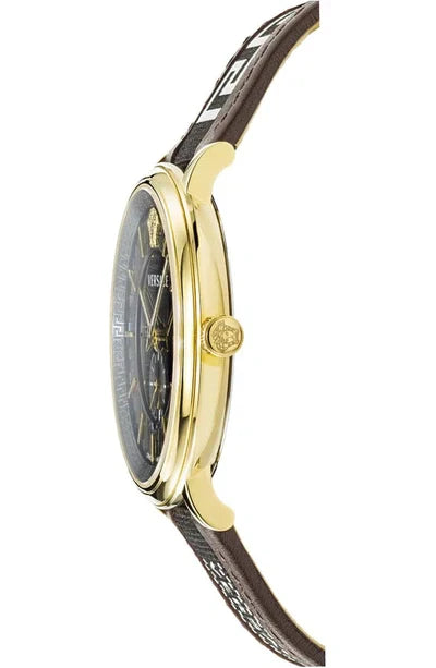 Versace V-Circle Quarzuhr mit schwarzem Zifferblatt und braunem Lederarmband für Herren – VEBQ01619