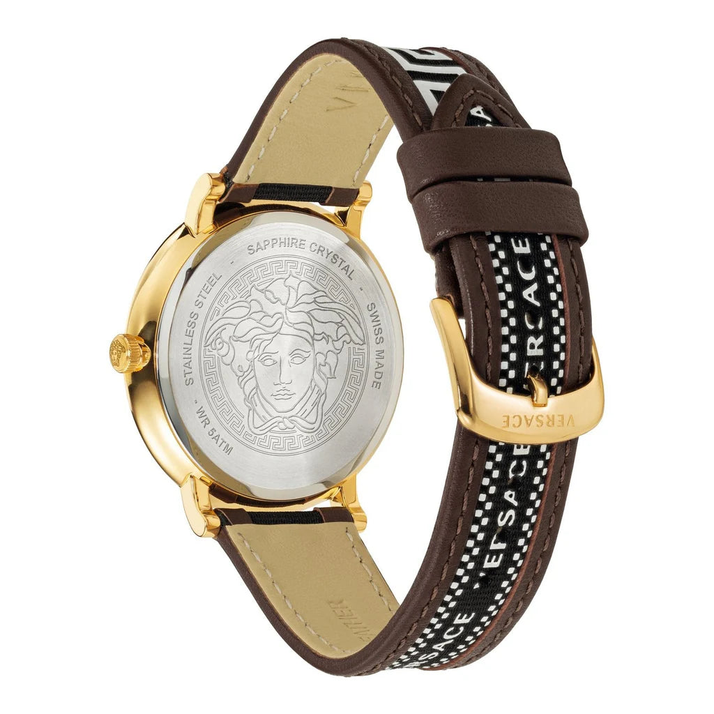 Versace V-Circle Quarzuhr mit schwarzem Zifferblatt und braunem Lederarmband für Herren – VEBQ01619