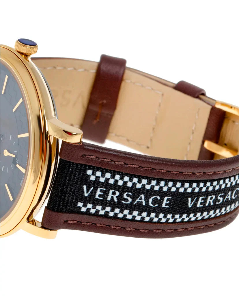 Versace V-Circle Quarzuhr mit schwarzem Zifferblatt und braunem Lederarmband für Herren – VEBQ01619