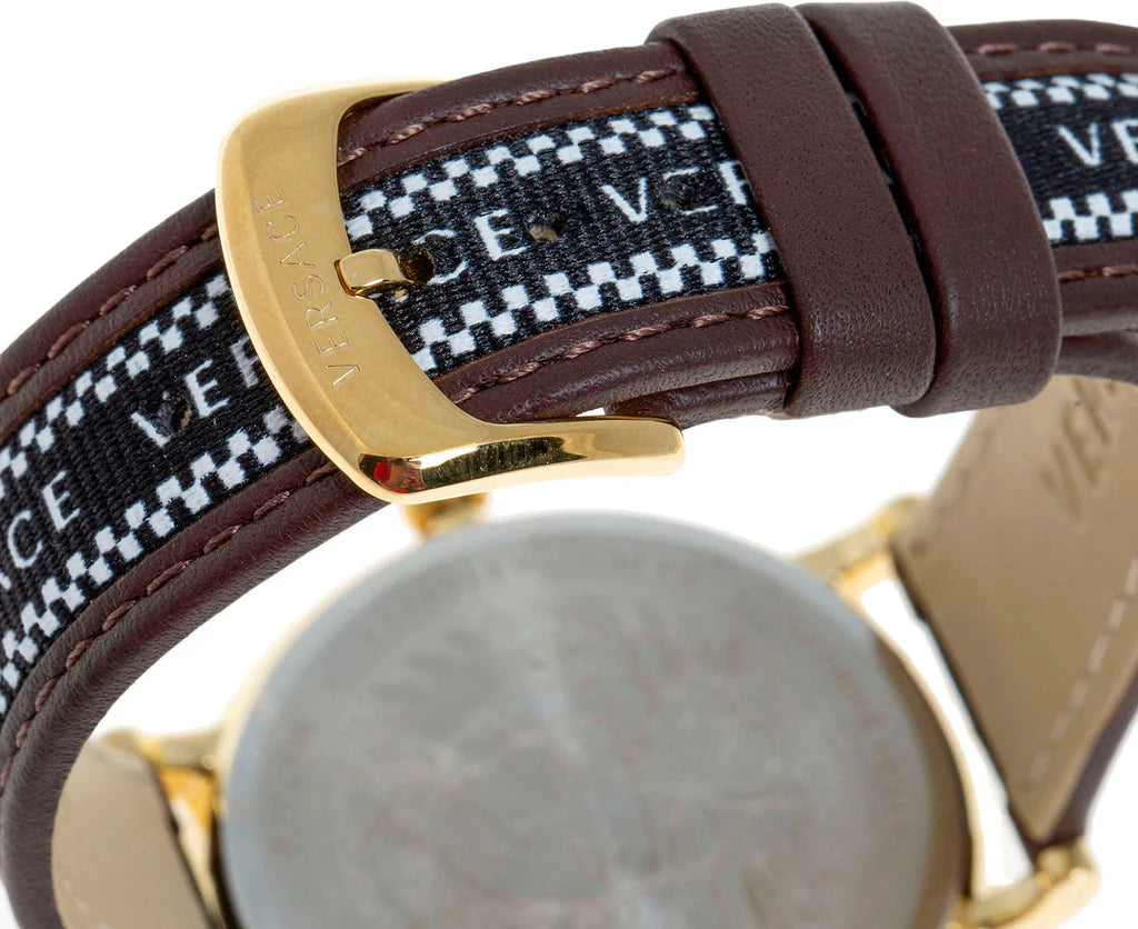 Versace V-Circle Quarzuhr mit schwarzem Zifferblatt und braunem Lederarmband für Herren – VEBQ01619