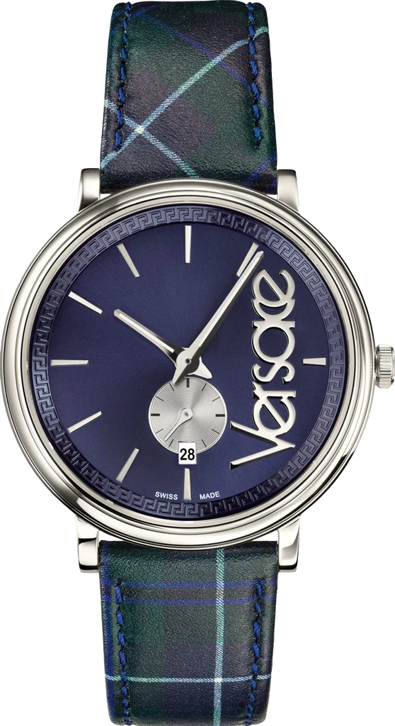 Versace V-Circle The Clans Edition Damenuhr mit blauem Zifferblatt, blauem und grünem Lederarmband – VEBQ00118