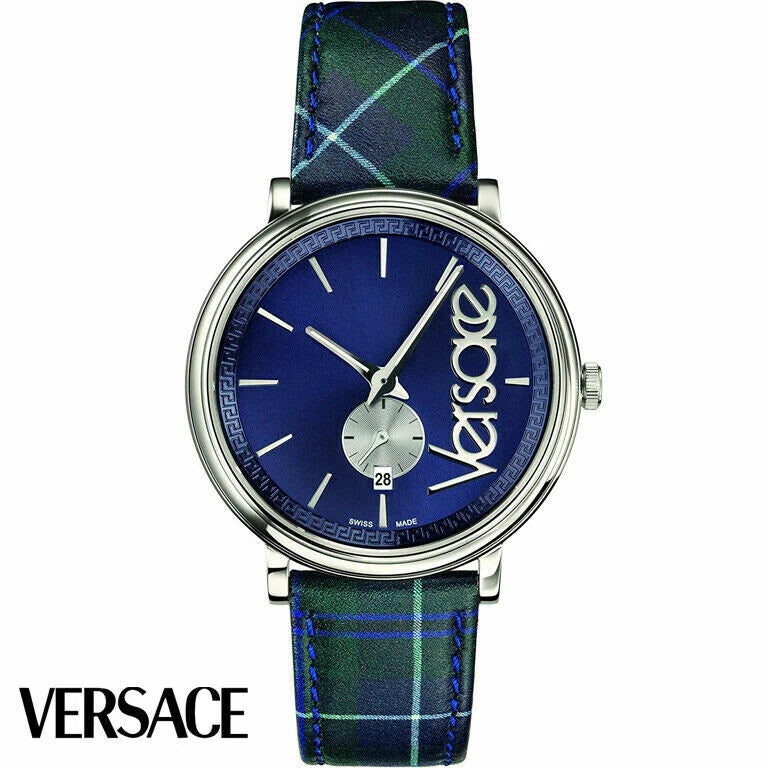 Versace V-Circle The Clans Edition Damenuhr mit blauem Zifferblatt, blauem und grünem Lederarmband – VEBQ00118