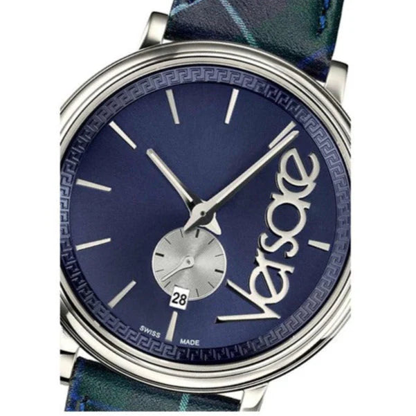 Versace V-Circle The Clans Edition Damenuhr mit blauem Zifferblatt, blauem und grünem Lederarmband – VEBQ00118
