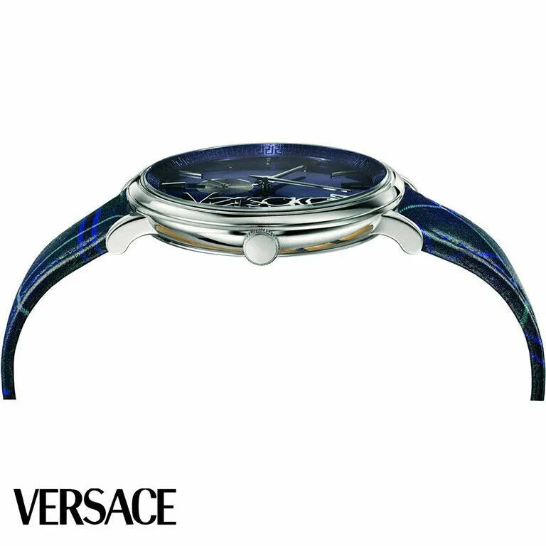 Versace V-Circle The Clans Edition Damenuhr mit blauem Zifferblatt, blauem und grünem Lederarmband – VEBQ00118