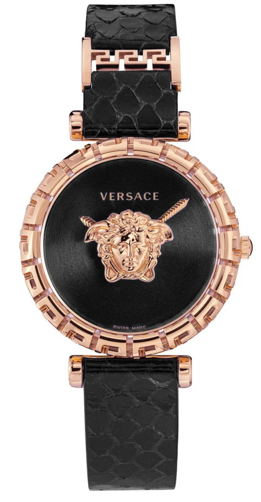 Versace Palazzo Empire Greca Damenuhr mit schwarzem Zifferblatt und schwarzem Lederarmband – VEDV00719