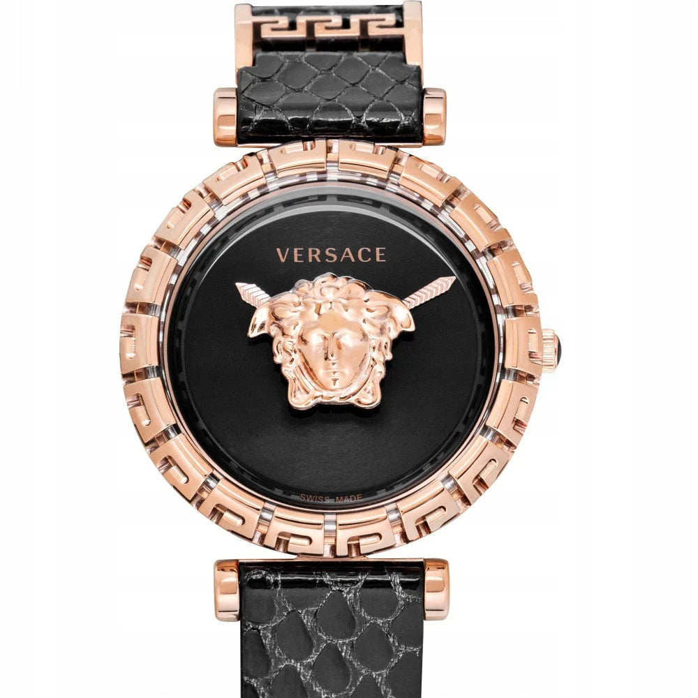 Versace Palazzo Empire Greca Damenuhr mit schwarzem Zifferblatt und schwarzem Lederarmband – VEDV00719