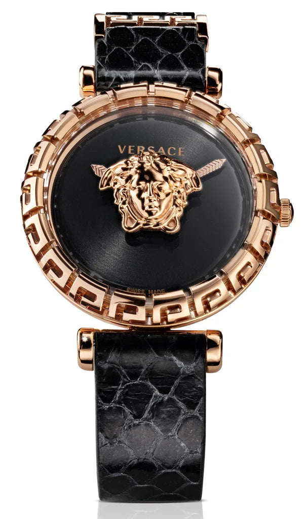 Versace Palazzo Empire Greca Damenuhr mit schwarzem Zifferblatt und schwarzem Lederarmband – VEDV00719