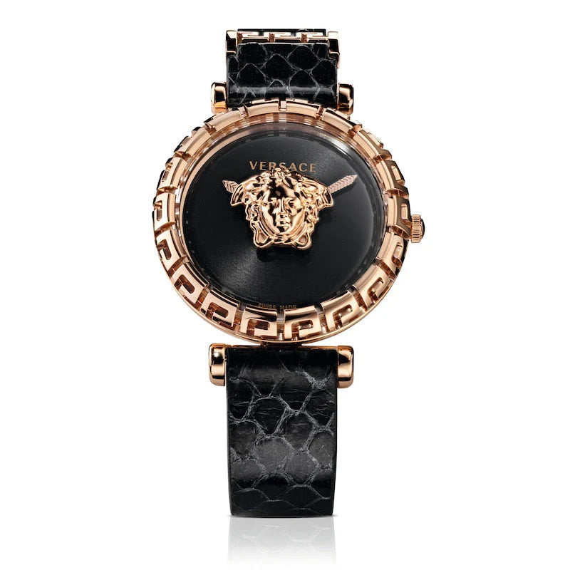 Versace Palazzo Empire Greca Damenuhr mit schwarzem Zifferblatt und schwarzem Lederarmband – VEDV00719