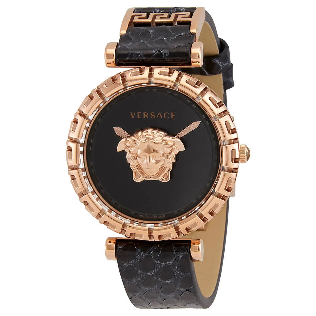 Versace Palazzo Empire Greca Damenuhr mit schwarzem Zifferblatt und schwarzem Lederarmband – VEDV00719