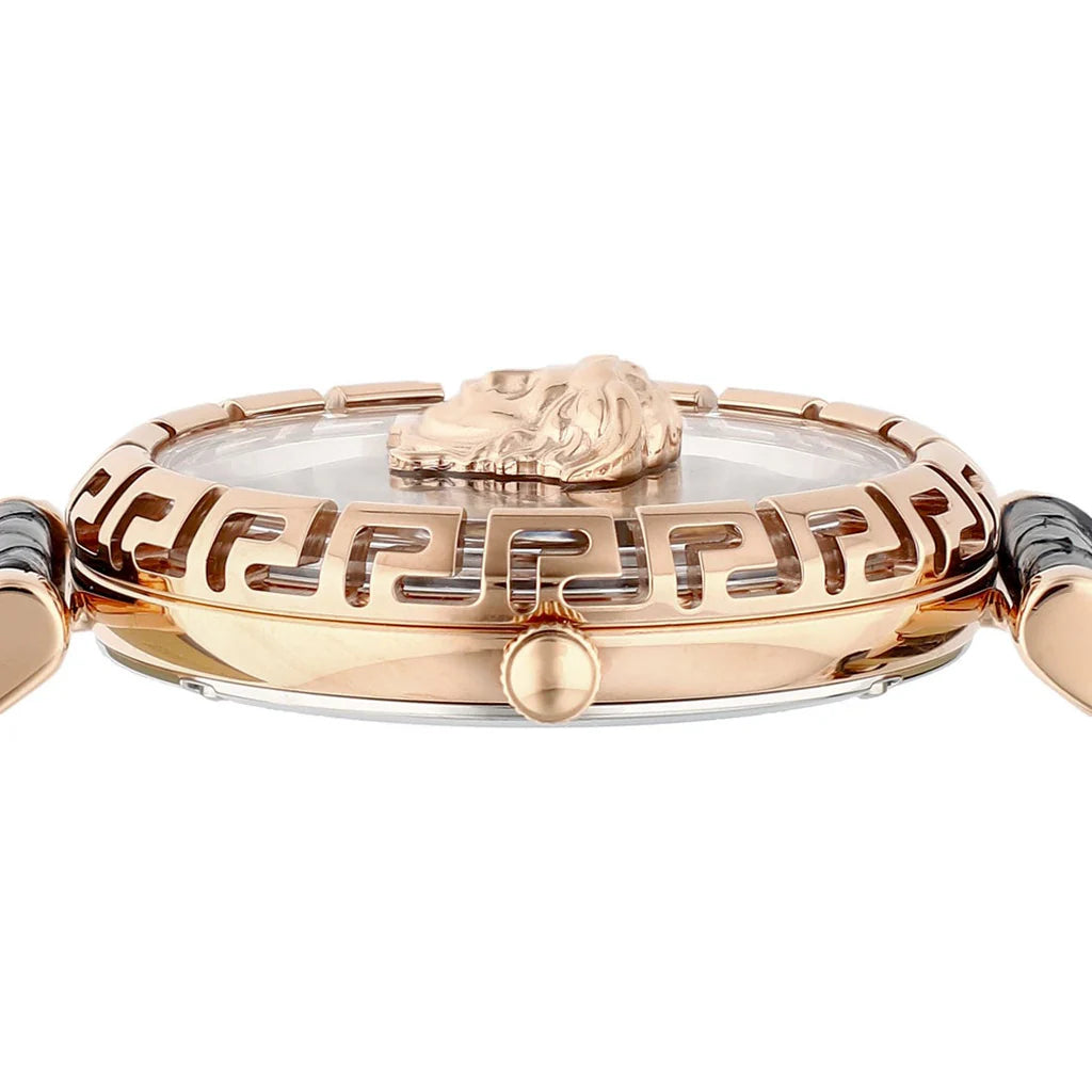 Versace Palazzo Empire Greca Damenuhr mit schwarzem Zifferblatt und schwarzem Lederarmband – VEDV00719