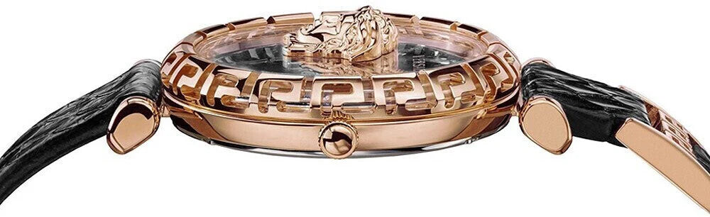 Versace Palazzo Empire Greca Damenuhr mit schwarzem Zifferblatt und schwarzem Lederarmband – VEDV00719