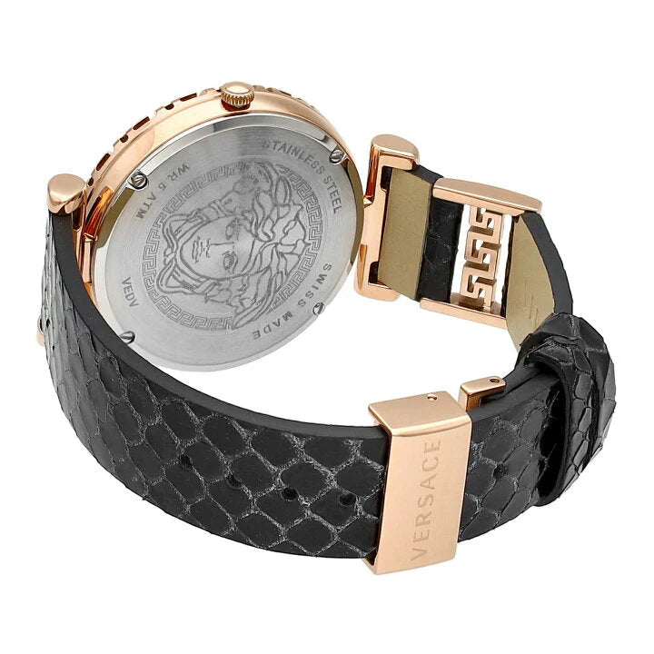 Versace Palazzo Empire Greca Damenuhr mit schwarzem Zifferblatt und schwarzem Lederarmband – VEDV00719