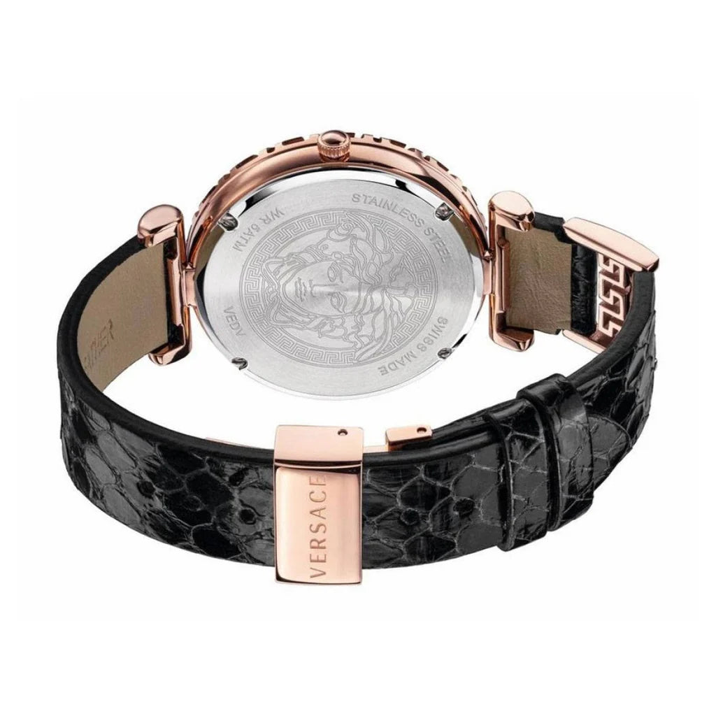 Versace Palazzo Empire Greca Damenuhr mit schwarzem Zifferblatt und schwarzem Lederarmband – VEDV00719