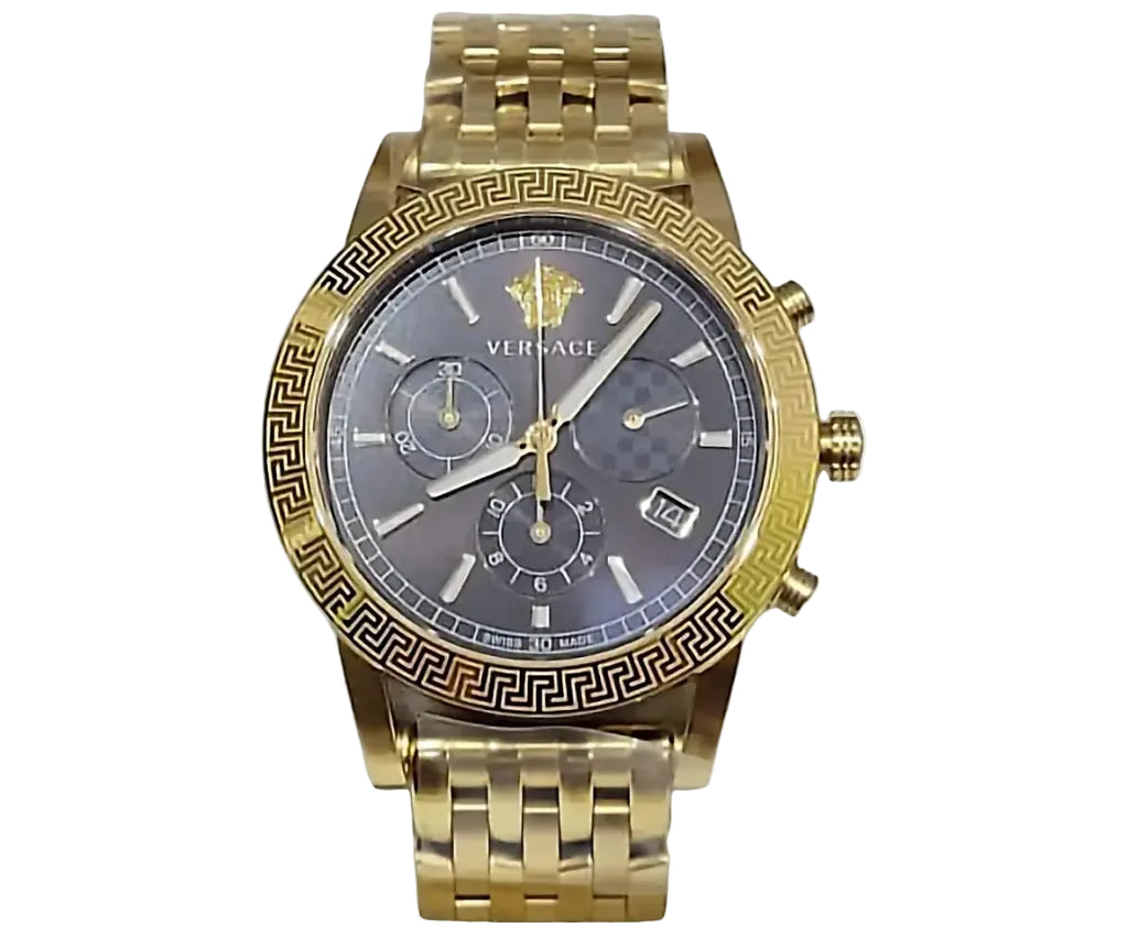 Versace VELT00419 Swiss Chronograph Goldenes Gehäuse und Metallarmband, Schwarzes Ziffernblatt 40mm, Herrenuhr