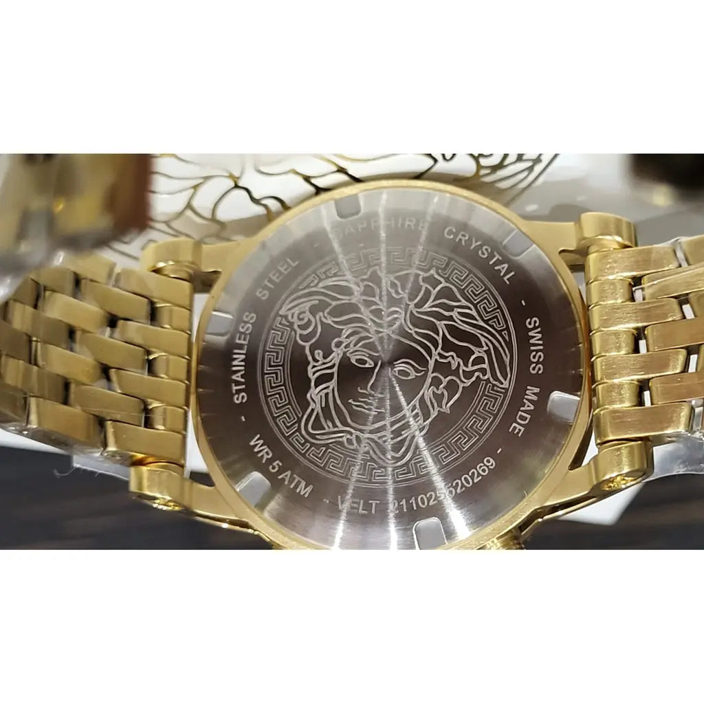 Versace VELT00419 Swiss Chronograph Goldenes Gehäuse und Metallarmband, Schwarzes Ziffernblatt 40mm, Herrenuhr