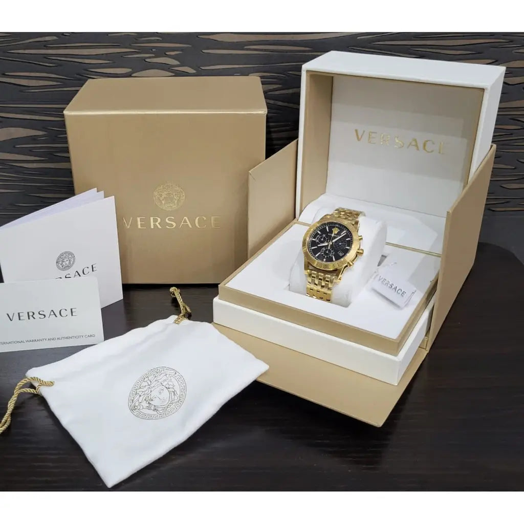 Versace VELT00419 Swiss Chronograph Goldenes Gehäuse und Metallarmband, Schwarzes Ziffernblatt 40mm, Herrenuhr