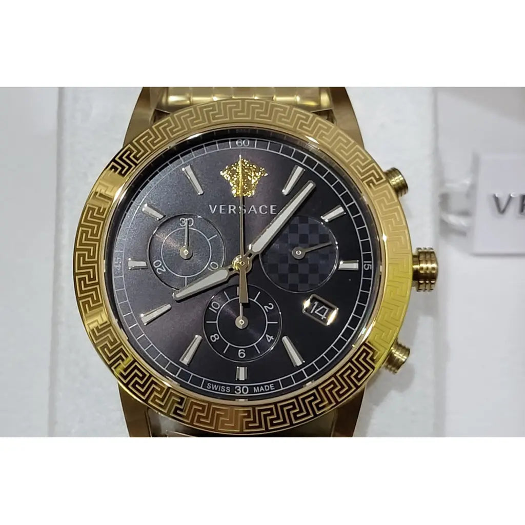 Versace VELT00419 Swiss Chronograph Goldenes Gehäuse und Metallarmband, Schwarzes Ziffernblatt 40mm, Herrenuhr