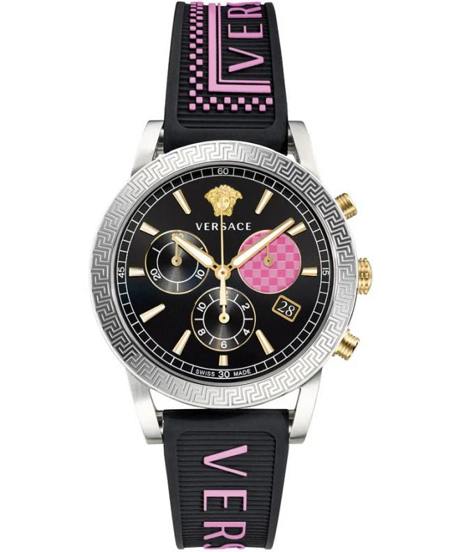 Versace Sport Tech Chronograph mit schwarzem Zifferblatt und schwarzem Kautschukarmband für Damen – VELT00619, Damenuhr