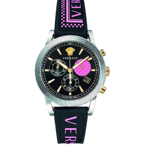 Versace Sport Tech Chronograph mit schwarzem Zifferblatt und schwarzem Kautschukarmband für Damen – VELT00619, Damenuhr