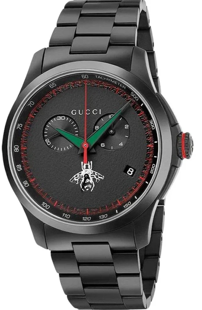 Gucci G-Timeless Chronograph Herrenuhr mit schwarzem Zifferblatt und schwarzem Edelstahlarmband - YA126269