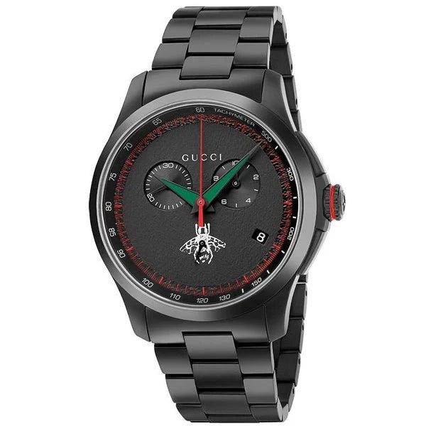 Gucci G-Timeless Chronograph Herrenuhr mit schwarzem Zifferblatt und schwarzem Edelstahlarmband - YA126269