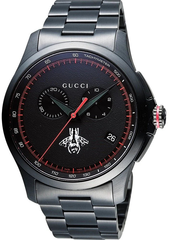 Gucci G-Timeless Chronograph Herrenuhr mit schwarzem Zifferblatt und schwarzem Edelstahlarmband - YA126269