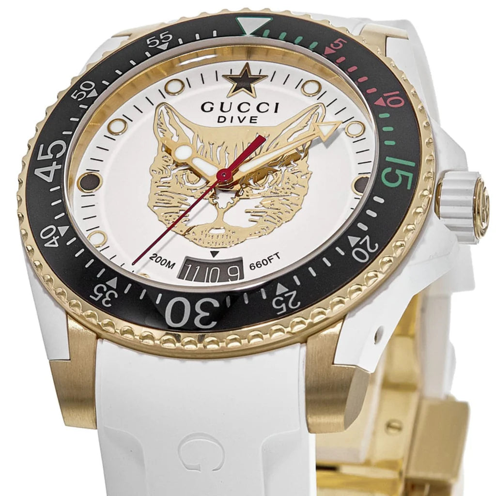 Gucci Dive Quartz Unisex-Uhr mit weißem Zifferblatt und weißem Kautschukarmband – YA136322