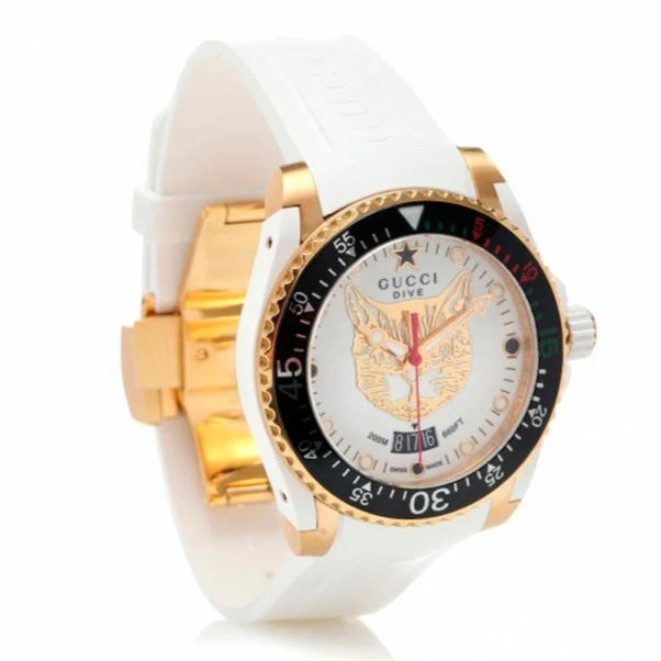 Gucci Dive Quartz Unisex-Uhr mit weißem Zifferblatt und weißem Kautschukarmband – YA136322