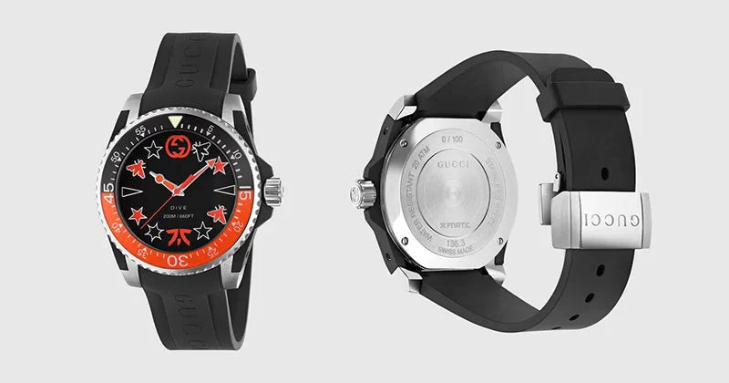Gucci Dive Limited Edition Unisex-Uhr mit schwarzem Zifferblatt und schwarzem Kautschukarmband - YA136333