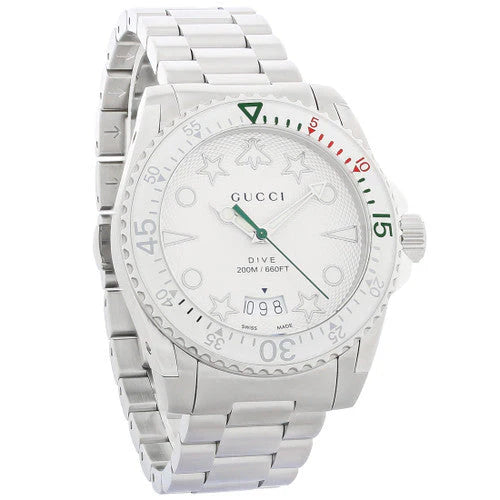 Gucci Taucheruhr mit Quarzwerk, weißem Zifferblatt und silbernem Edelstahlarmband für Herren - YA136336