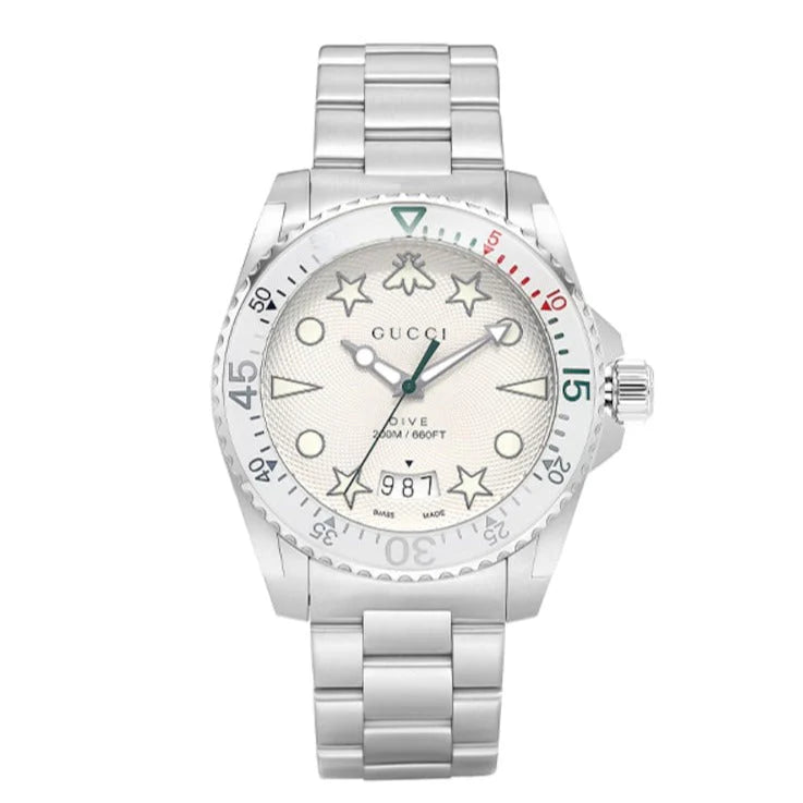 Gucci Taucheruhr mit Quarzwerk, weißem Zifferblatt und silbernem Edelstahlarmband für Herren - YA136336