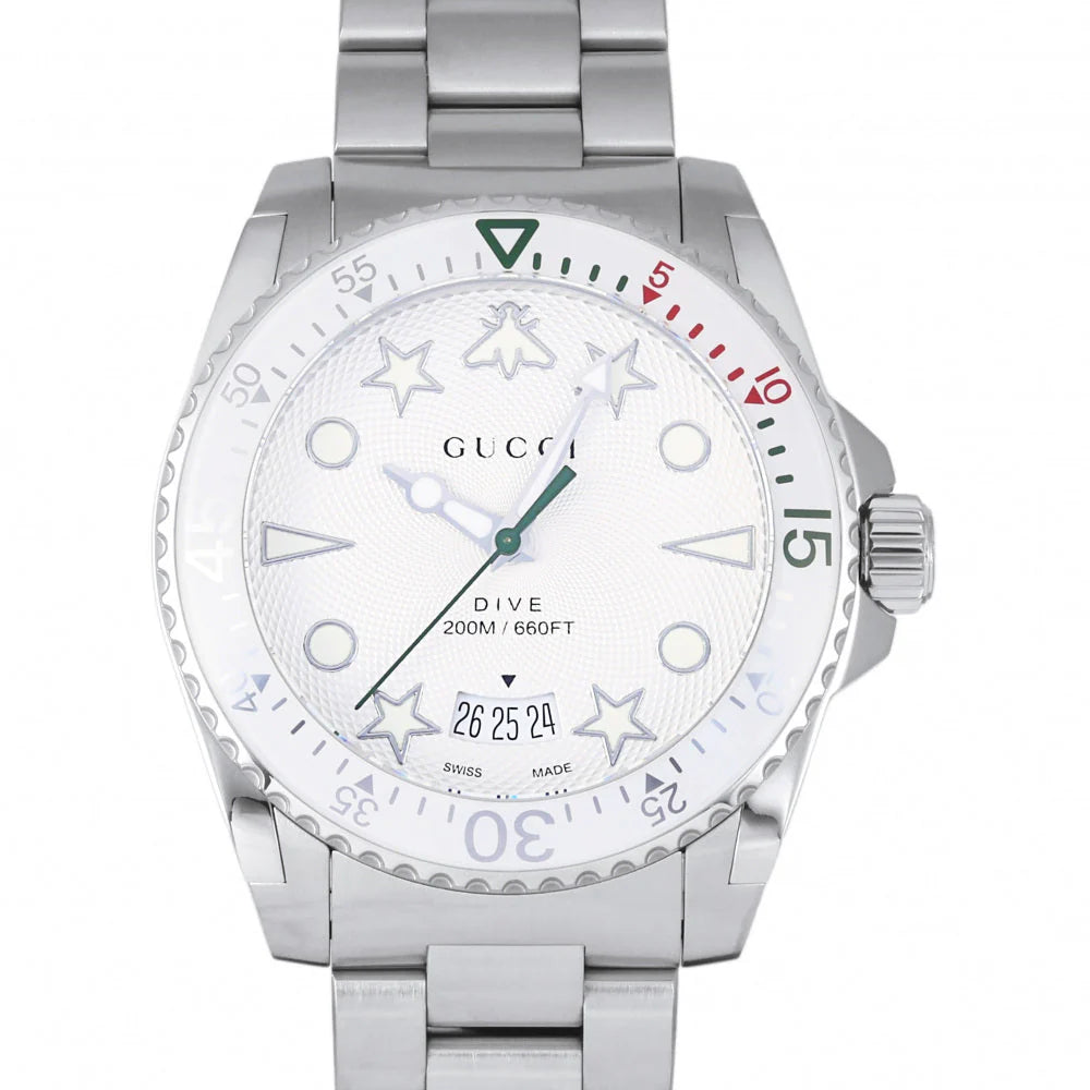 Gucci Taucheruhr mit Quarzwerk, weißem Zifferblatt und silbernem Edelstahlarmband für Herren - YA136336