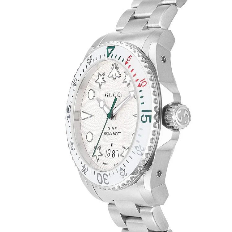 Gucci Taucheruhr mit Quarzwerk, weißem Zifferblatt und silbernem Edelstahlarmband für Herren - YA136336